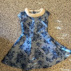 Janie and Jack FLORAL JACQUARD FAUX FUR blue COLLAR DRESS sz 8